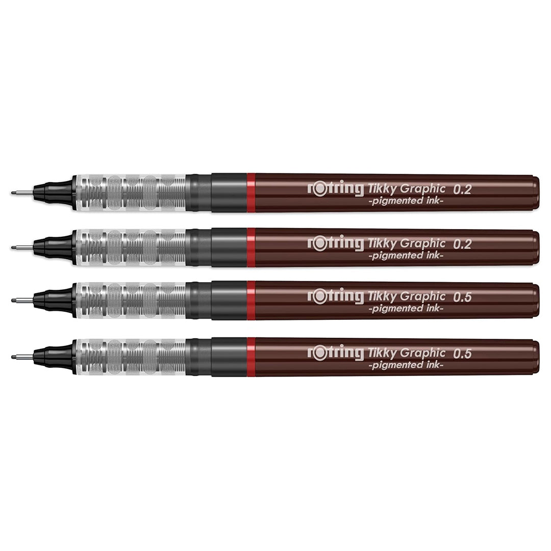 Rotring Tikky Graphic Pigment Liner 0.2mm & 0.5mm Pens - 2 Each With Black Pigmented Ink, Fibre Tip, 4 Pen Set for Art Drawings Mandala Calligraphy Outline Art & Craft