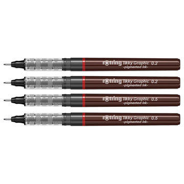 Rotring Tikky Graphic Pigment Liner 0.2mm & 0.5mm Pens - 2 Each With Black Pigmented Ink, Fibre Tip, 4 Pen Set for Art Drawings Mandala Calligraphy Outline Art & Craft