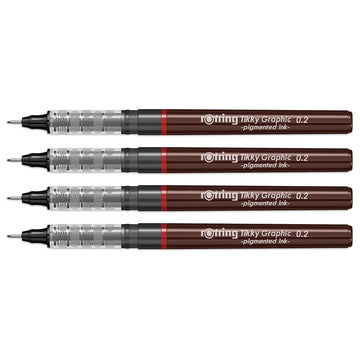 Rotring 0.2mm Line Thickness Tikky Graphic Fineliner with Black Pigmented Lightfast And Water Resistant Ink For Long Life Drawings, Sketching, Non-Refillable, 4 Pen Set