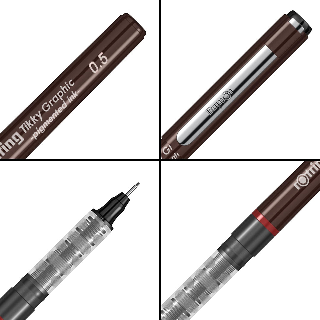 Rotring 0.5mm Line Thickness Tikky Graphic Fineliner with Black Pigmented Lightfast And Water Resistant Ink For Long Life Drawings, Sketching, Non-Refillable, 4 Pen Set