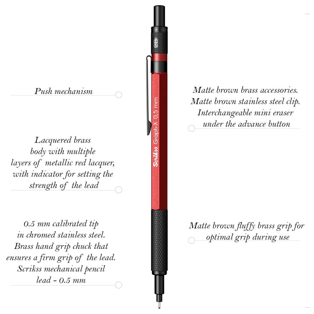 Scrikss Graph-X 0.5mm Mechanical Pencil with HB Lead (1 Tube of 24 Leads), Brass Body with Metallic Red Finish, Interchangeable Mini Eraser - 86169