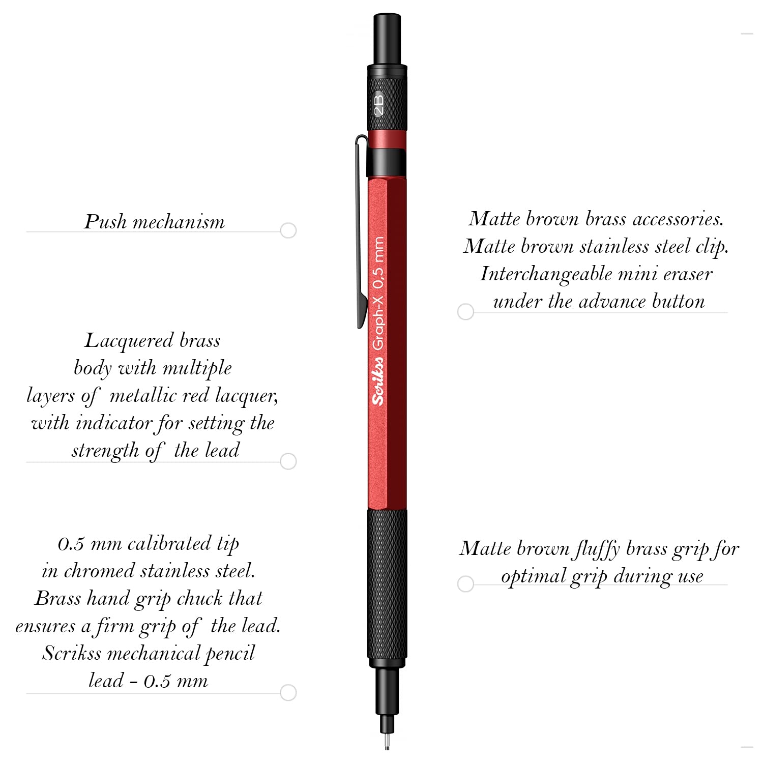 Scrikss Graph-X 0.5mm Mechanical Pencil with HB Lead (1 Tube of 24 Leads), Brass Body with Metallic Red Finish, Interchangeable Mini Eraser - 86169