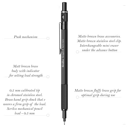 Scrikss Graph-X 0.5mm Mechanical Pencil with 2B Lead (1 Tube of 24 Leads), Brass Body with Matte Black Finish, Interchangeable Mini Eraser - 71288