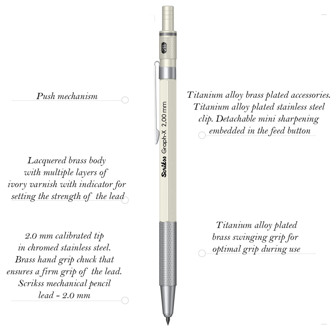 Scrikss 2.0mm Mechanical Clutch Lead Pen Pencil Ivory Body Graph-X Series Mini Removable Sharpener Includes 12 Leads 2B
