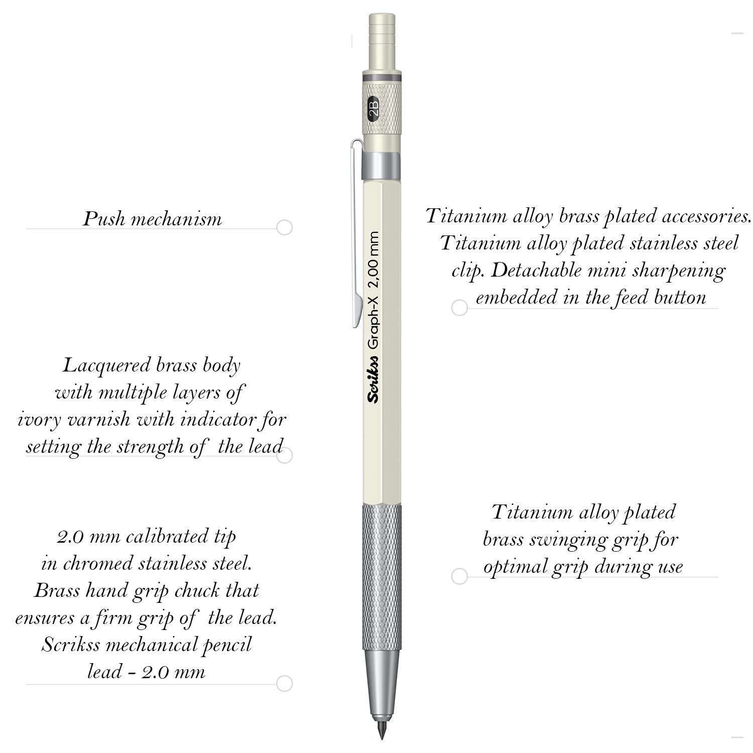 Scrikss 2.0mm Mechanical Clutch Lead Pen Pencil Ivory Body Graph-X Series Mini Removable Sharpener Includes 12 Leads 2B