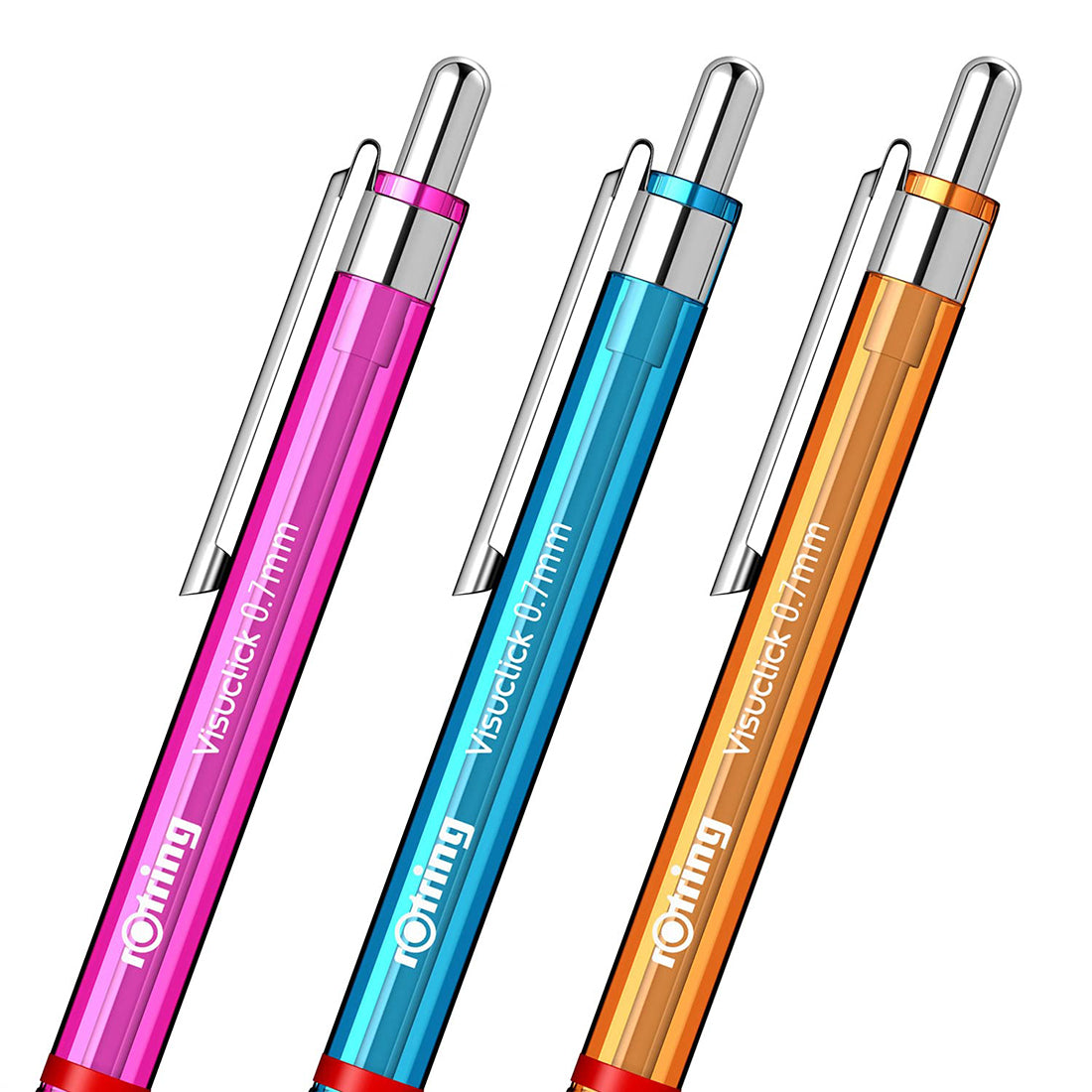 Rotring Visuclick 0.7mm Mechanical Pencils, 2B Lead, Pink, Blue & Orange Translucent Barrel, with Attached Eraser - Total 3 Pieces