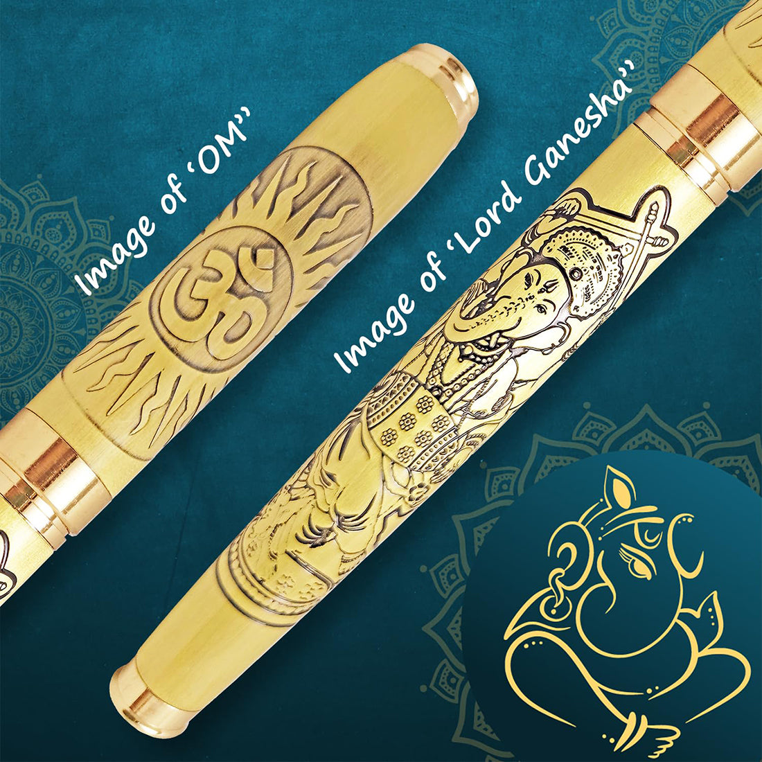 Acuity Roller Ball Point Pen Metal Body with Lord Ganesh And OM Image Engraved - Comes in a Pen Pouch - Ink Colour Blue - 20005