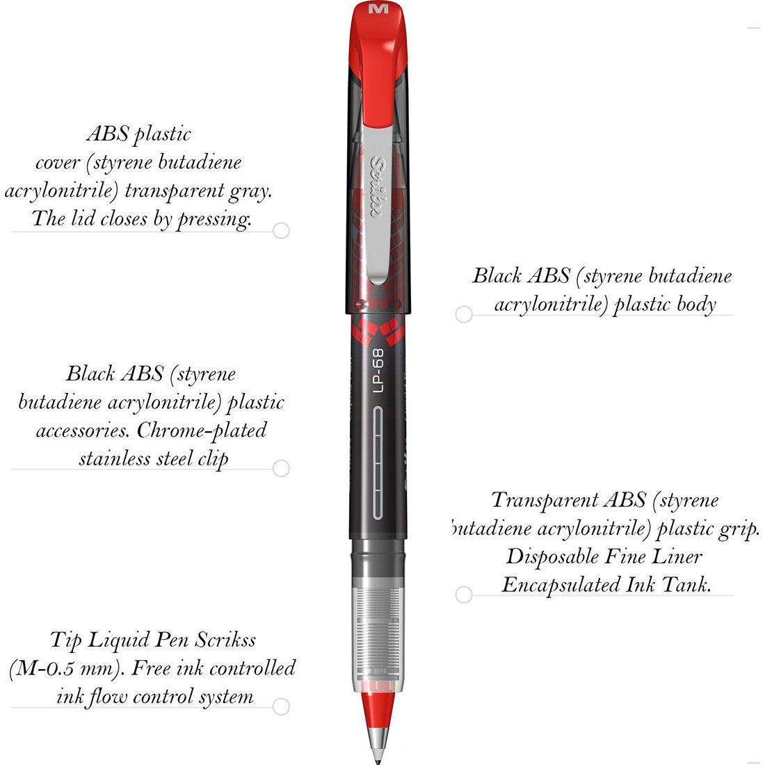 Scrikss Office 0.5 mm Liquid Ink Pen - Chrome Plated Tip & Controlled Ink Flow Adjustment System - LP68 Red Set of 3