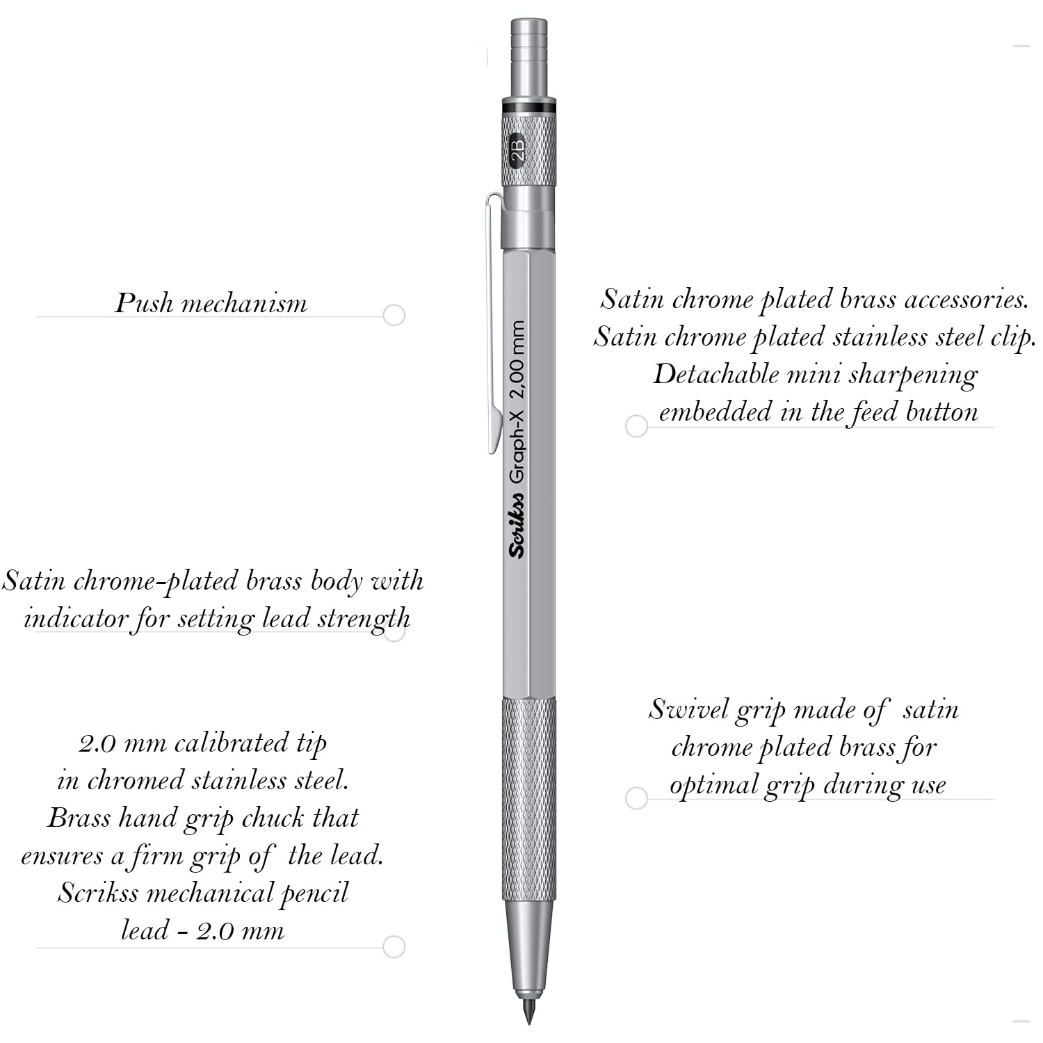 Scrikss 2.0mm Mechanical Clutch Lead Pen Pencil Satin Chrome Body Graph-X Series Mini Removable Sharpener Includes 12 Leads 2B