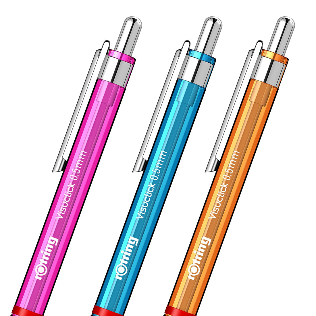 Rotring Visuclick 0.5mm Mechanical Pencils, 2B Lead, Pink, Blue & Orange Translucent Barrel, with Attached Eraser - Total 3 Pieces