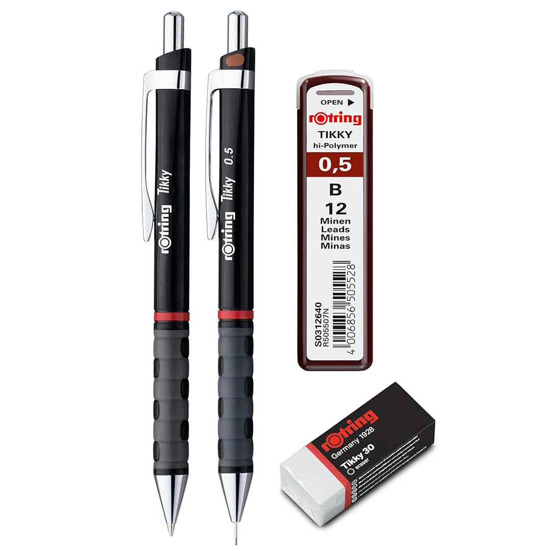 Rotring | Tikky | Mechanical Pencil, Ballpoint, Eraser & Lead Refills Set | HB Lead, 0.5 mm Pencil | Medium Point Pen | Black Barrel | Lightweight with Rubberised Grip