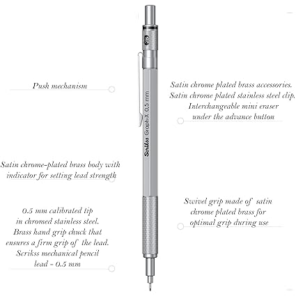 Scrikss Graph-X 0.5mm Mechanical Pencil with 2B Lead (1 Tube of 24 Leads), Brass Body with Satin Chrome Finish, Interchangeable Mini Eraser - 71271