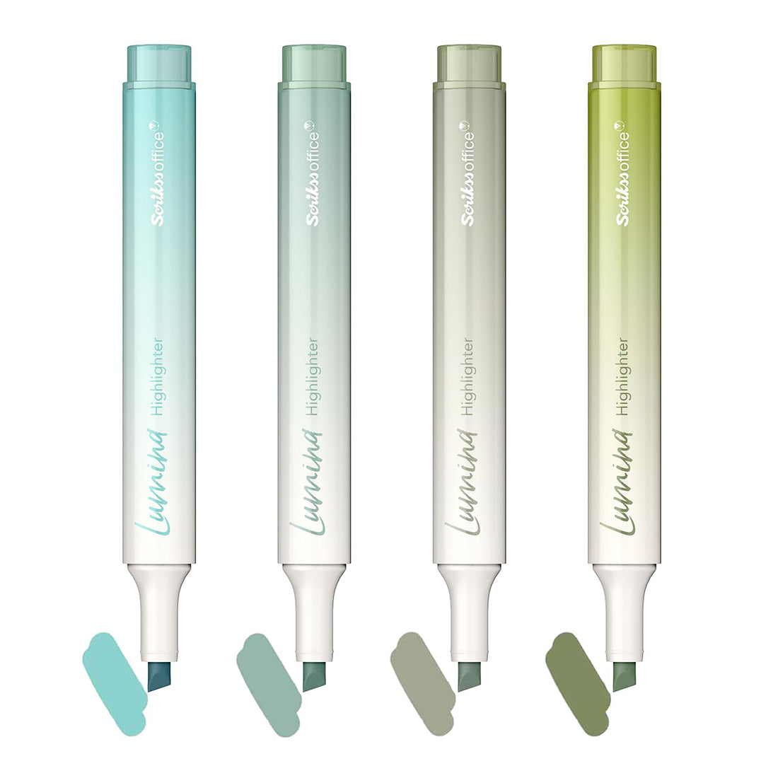 Scrikss Lumina Highlighter Pen for Highlighting Calligraphy Journaling Note Taking | Pacific Green Pastel Shades | Set of 4 | Chisel Tip | Quick-Drying Ink | Water-Based Ink