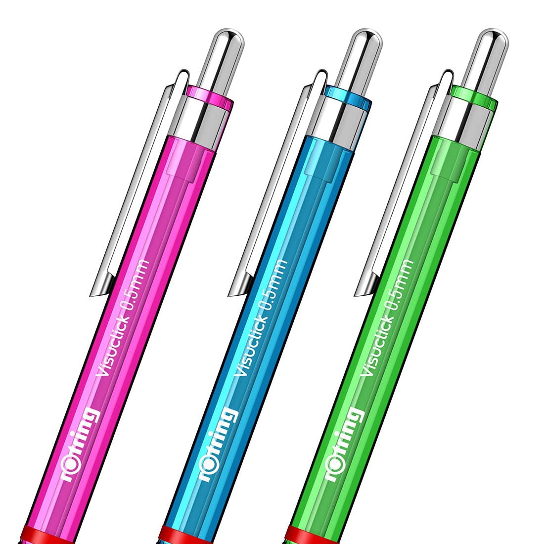 Rotring Visuclick 0.5mm Mechanical Pencils, 2B Lead, Green, Blue & Pink Translucent Barrel, with Attached Eraser - Total 3 Pieces