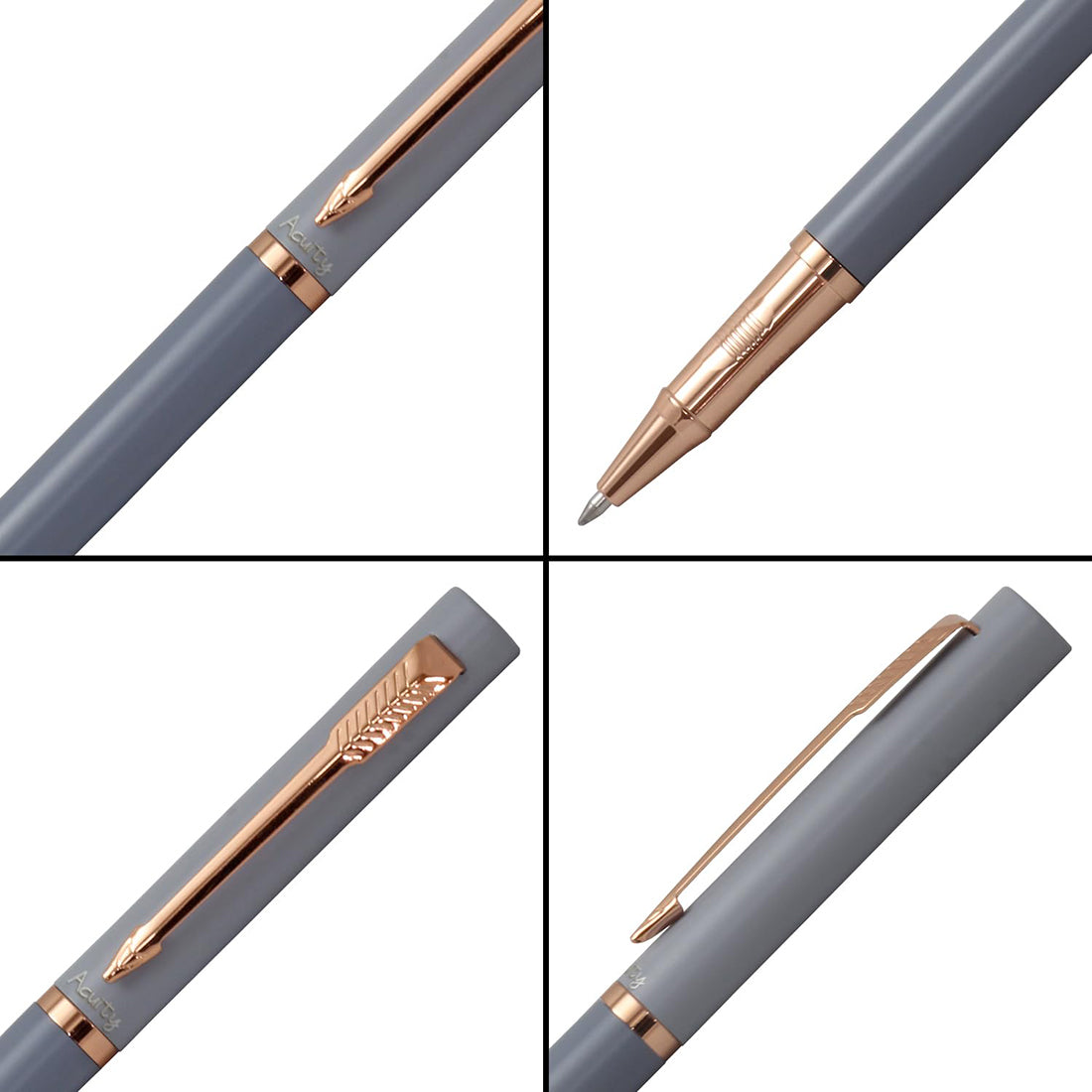 Acuity Roller Ball Point Pen - Smooth Dual Tone Gray Metal Body with Rose Gold Accessories - It Comes in a Pouch - 30006