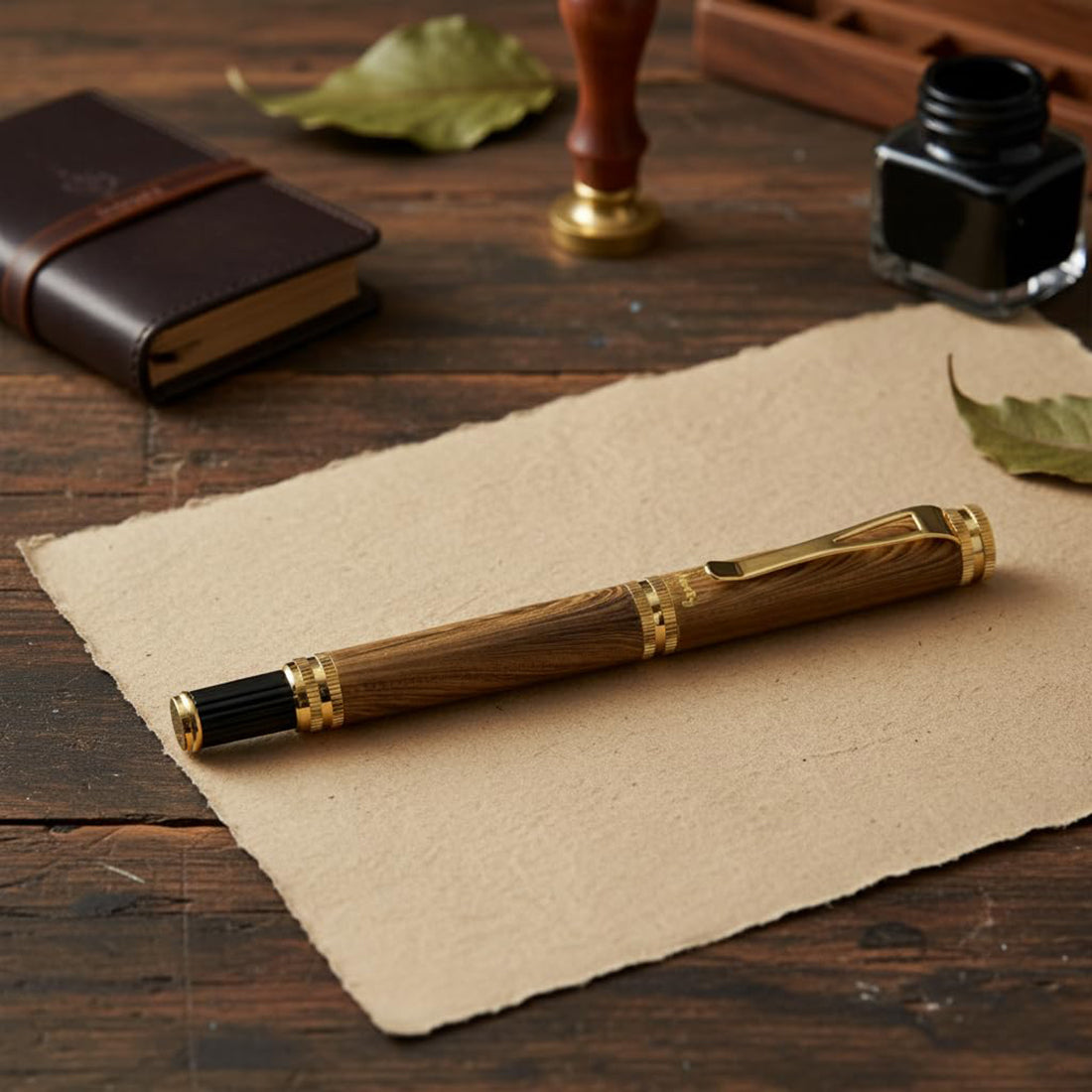 Acuity Wooden Look Roller Ball Point Pen - Smooth Metal Body & Gold Accessories - It Comes in a Pouch - 30009 Light Brown