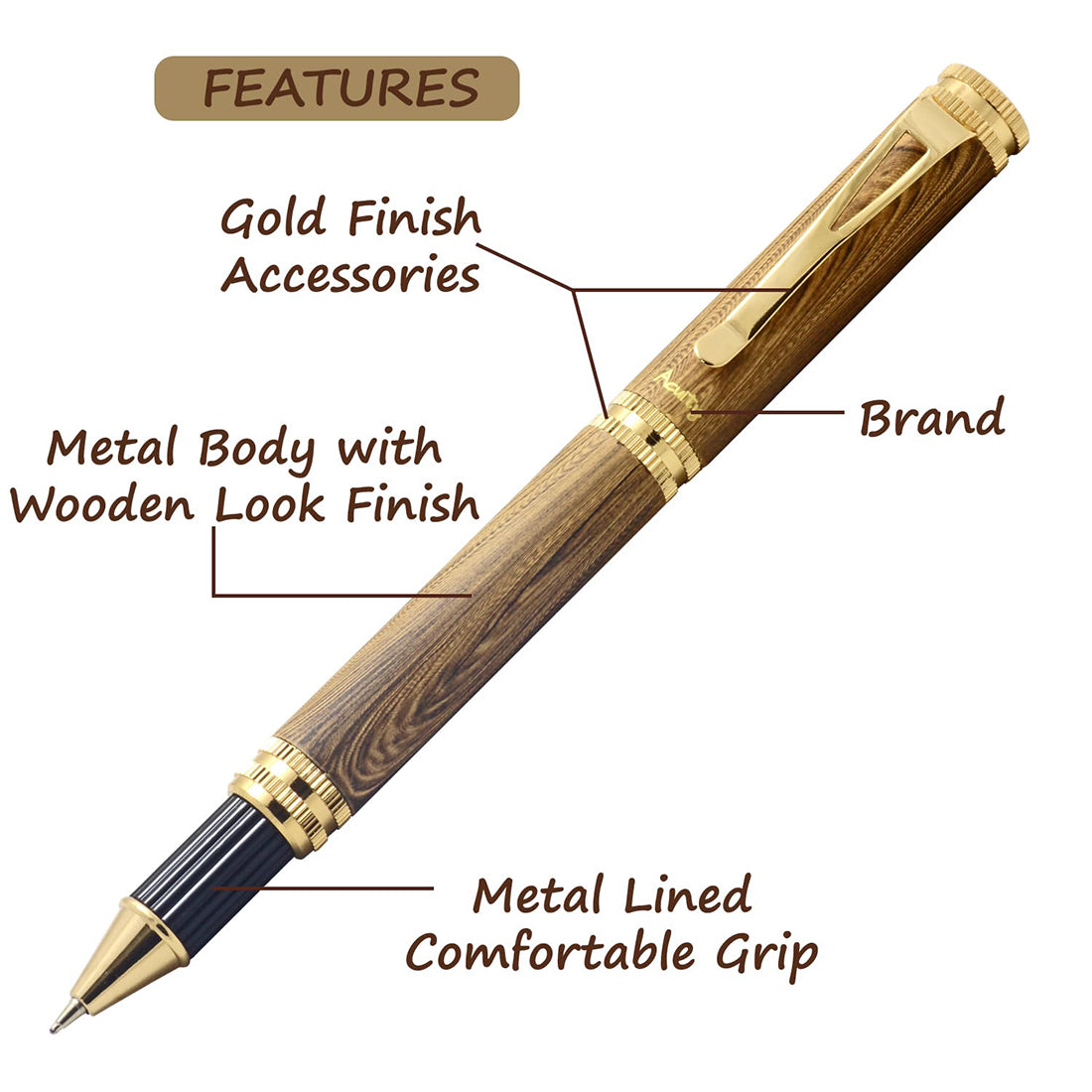 Acuity Wooden Look Roller Ball Point Pen - Smooth Metal Body & Gold Accessories - It Comes in a Pouch - 30009 Light Brown