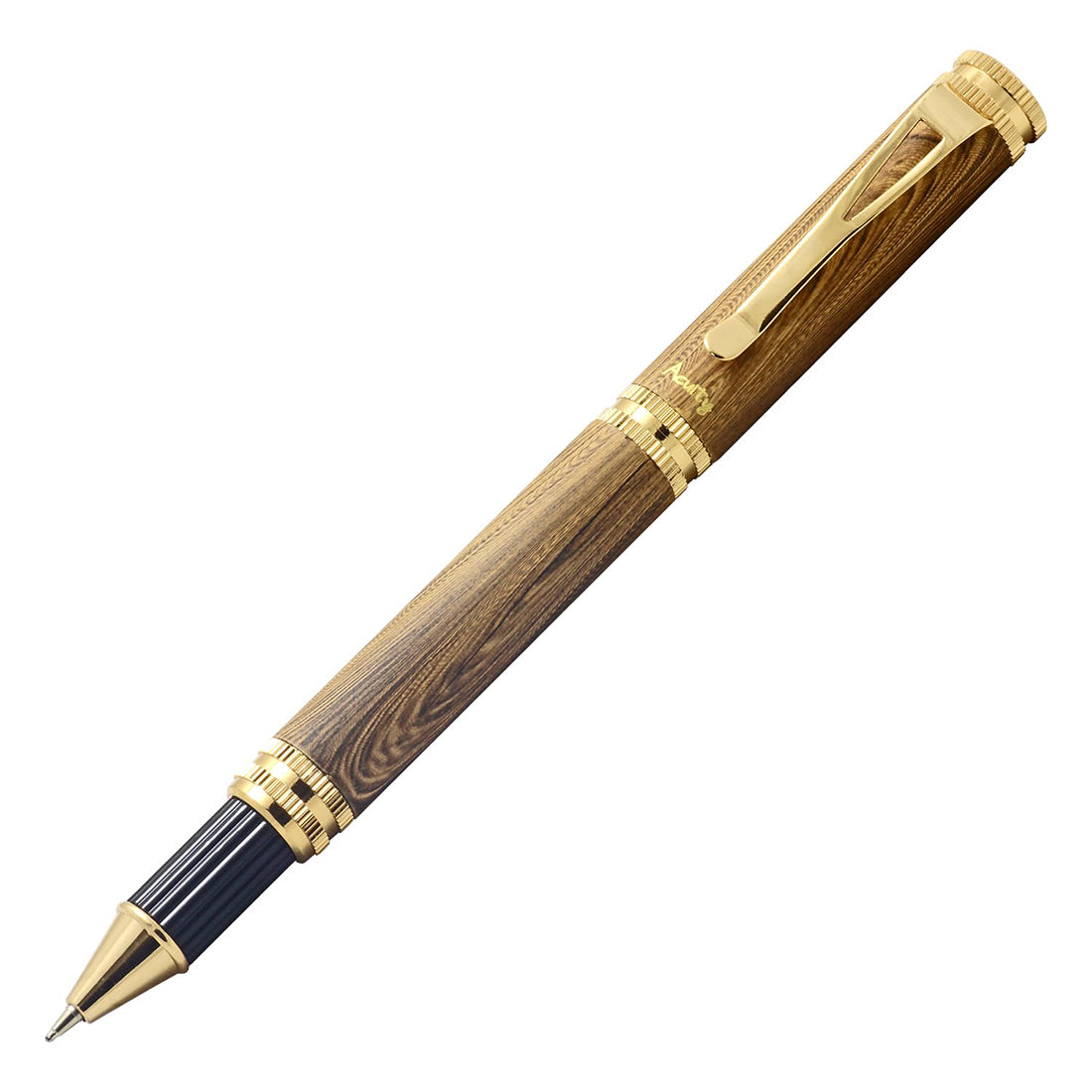Acuity Wooden Look Roller Ball Point Pen - Smooth Metal Body & Gold Accessories - It Comes in a Pouch - 30009 Light Brown