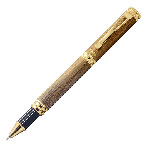 Acuity Wooden Look Roller Ball Point Pen - Smooth Metal Body & Gold Accessories - It Comes in a Pouch - 30009 Light Brown