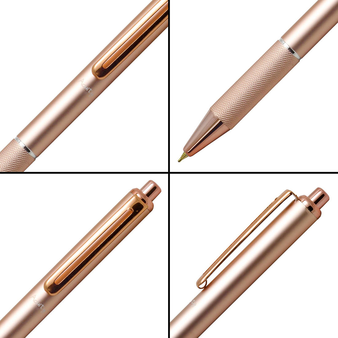 Acuity Ball Point Pen - Light Weight Metal Body with Glossy Rose Gold Finish, Checkered Grip and Glossy Rose Gold Accessories - It Comes in a Pouch - 30011