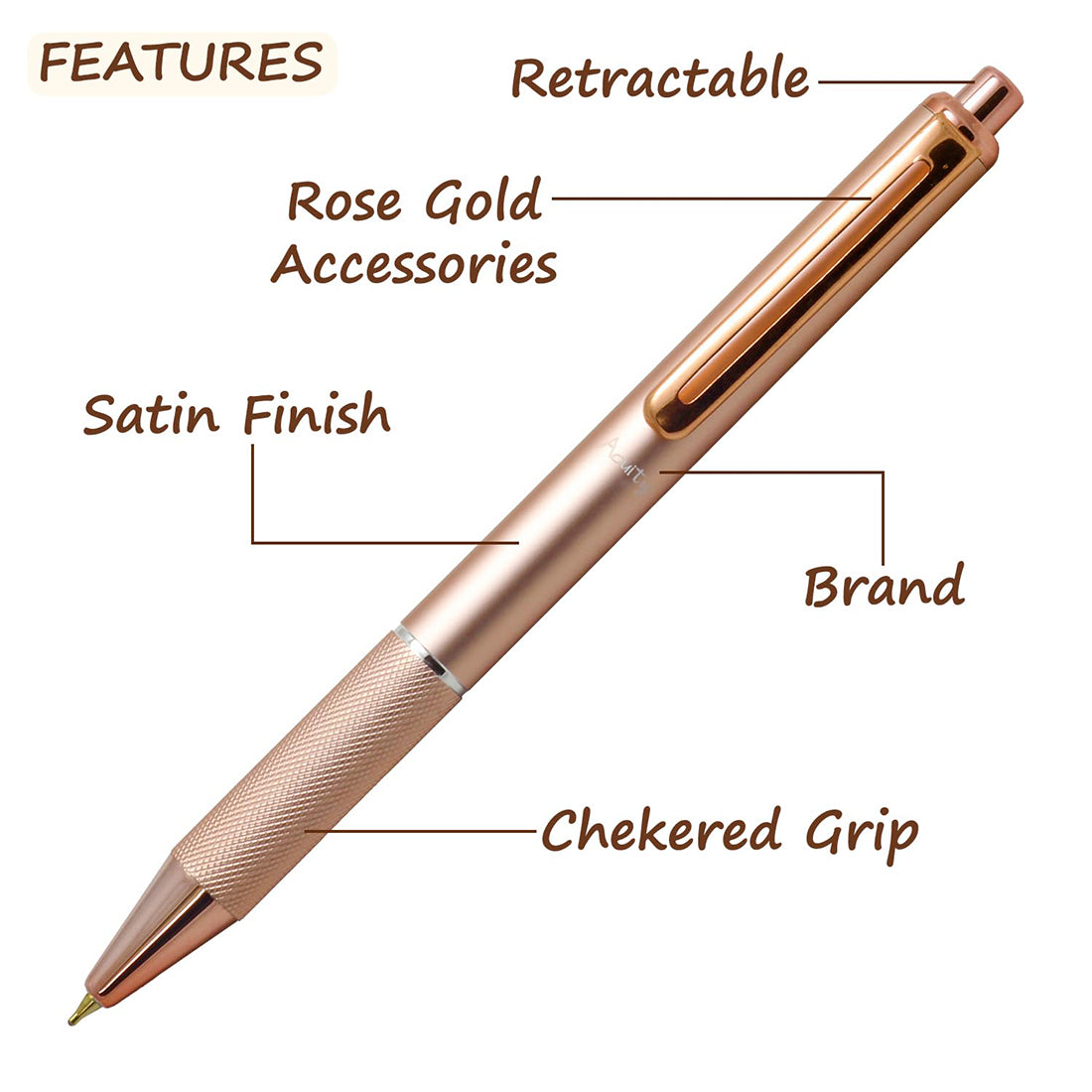 Acuity Ball Point Pen - Light Weight Metal Body with Glossy Rose Gold Finish, Checkered Grip and Glossy Rose Gold Accessories - It Comes in a Pouch - 30011