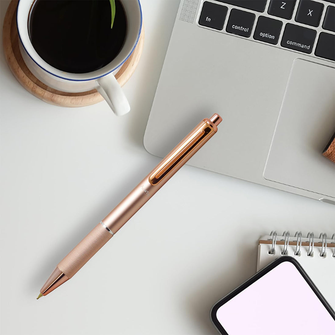 Acuity Ball Point Pen - Light Weight Metal Body with Glossy Rose Gold Finish, Checkered Grip and Glossy Rose Gold Accessories - It Comes in a Pouch - 30011