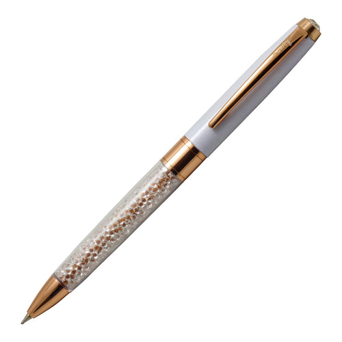 Acuity Ball Point Pen - Metal Body with Glossy White Finish, Crystal Filled and Rose Gold Accessories - It Comes in a Pouch - 30013