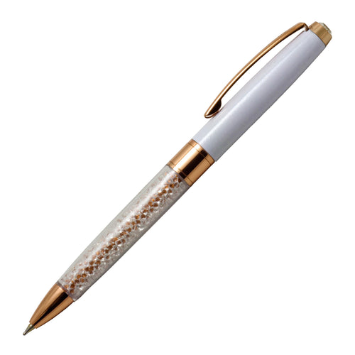 Acuity Ball Point Pen - Metal Body with Glossy White Finish, Crystal Filled and Rose Gold Accessories - It Comes in a Pouch - 30013