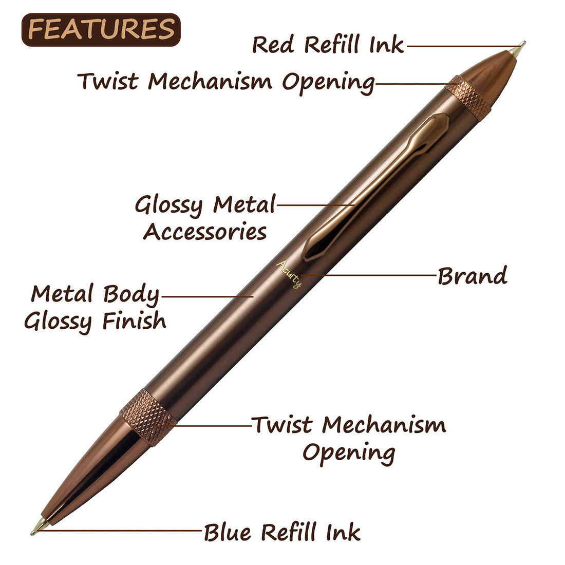 Acuity Ball Point 2-In-1 Pen - Metal Body with Glossy Finish - Holds Blue & Red Refills at Each End - It Comes in a Pouch - 30018