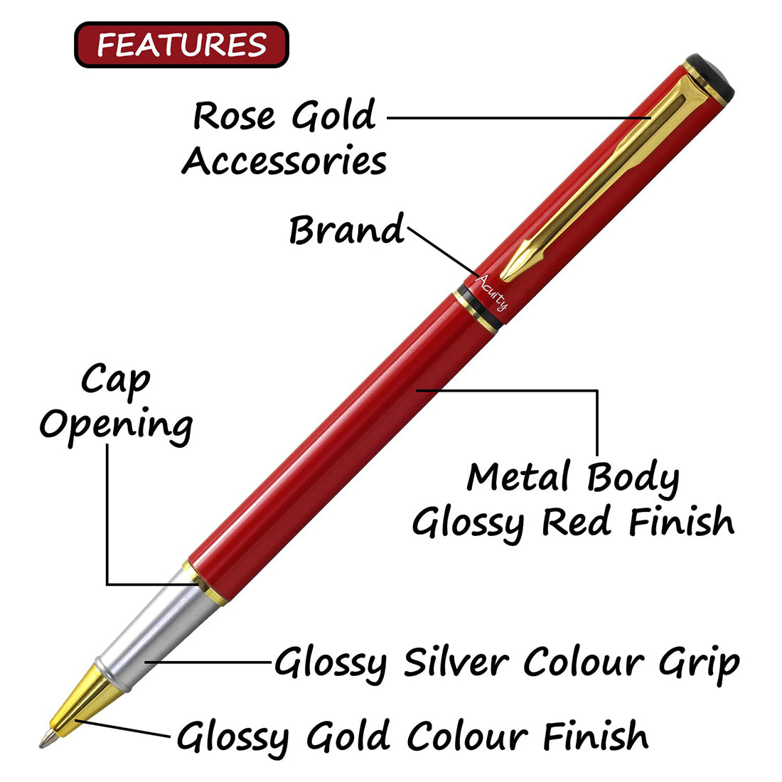 Acuity Roller Gel Pen - Glossy Red Metal Body with Gold Accessories - It Comes in a Pouch - 30020
