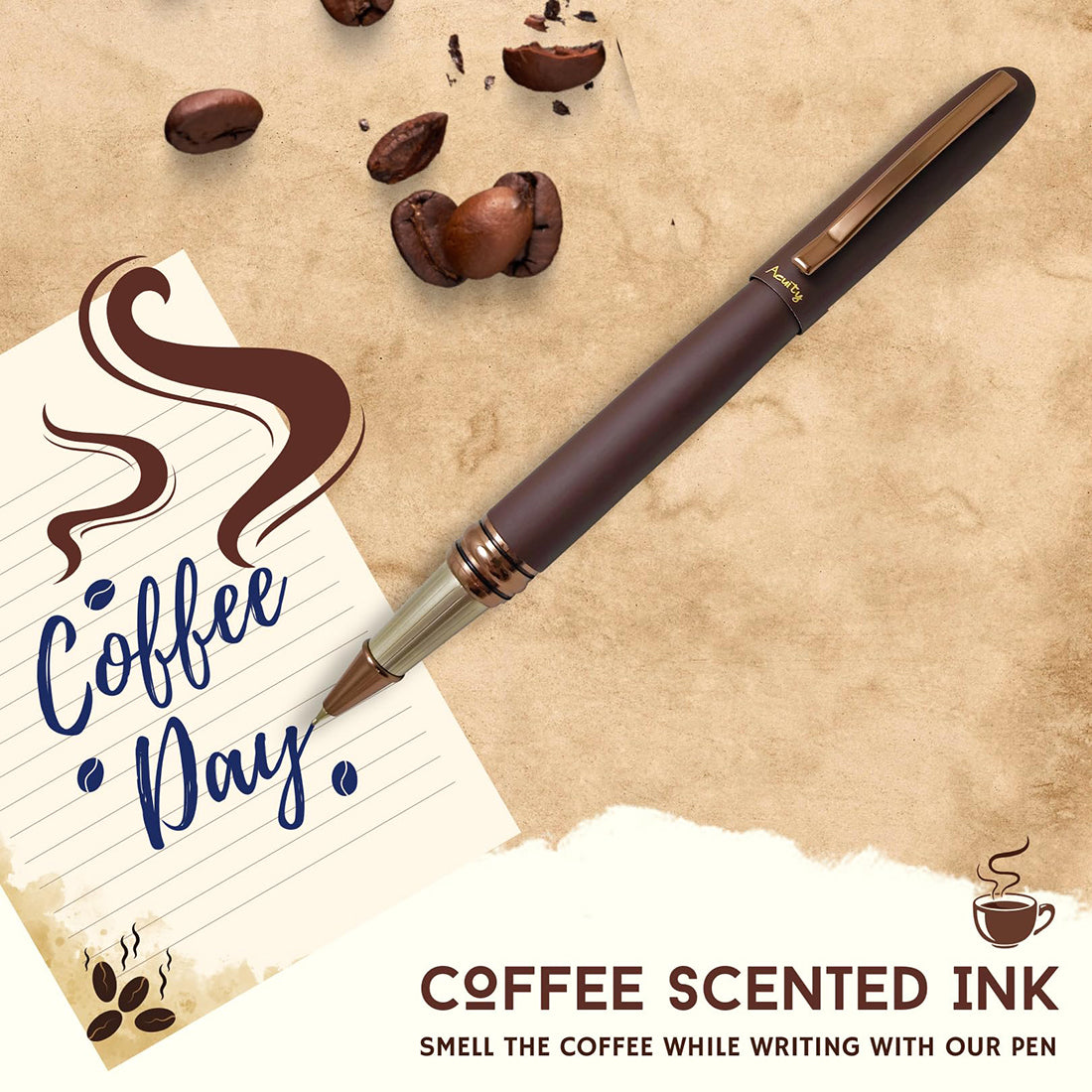 Acuity Coffee-Scented Blue Ink Ball Point Pen | Dark Brown Matte Finish Metal Body with Glossy Clip | Coffee Fragrance Smell Ink | Perfect for Personal Use & Gift Idea | It Comes in a Pouch | 30027