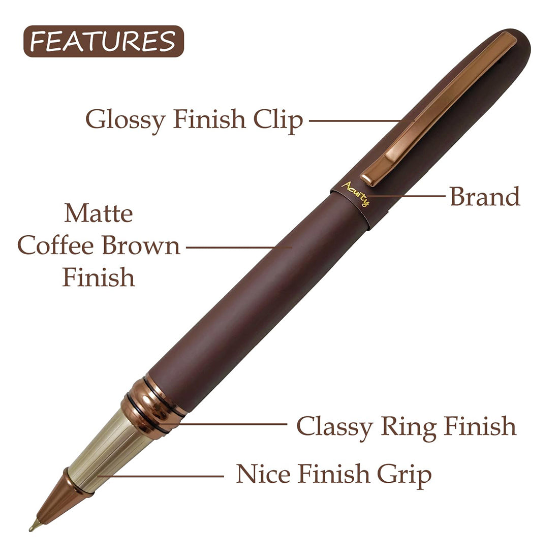Acuity Coffee-Scented Blue Ink Ball Point Pen | Dark Brown Matte Finish Metal Body with Glossy Clip | Coffee Fragrance Smell Ink | Perfect for Personal Use & Gift Idea | It Comes in a Pouch | 30027