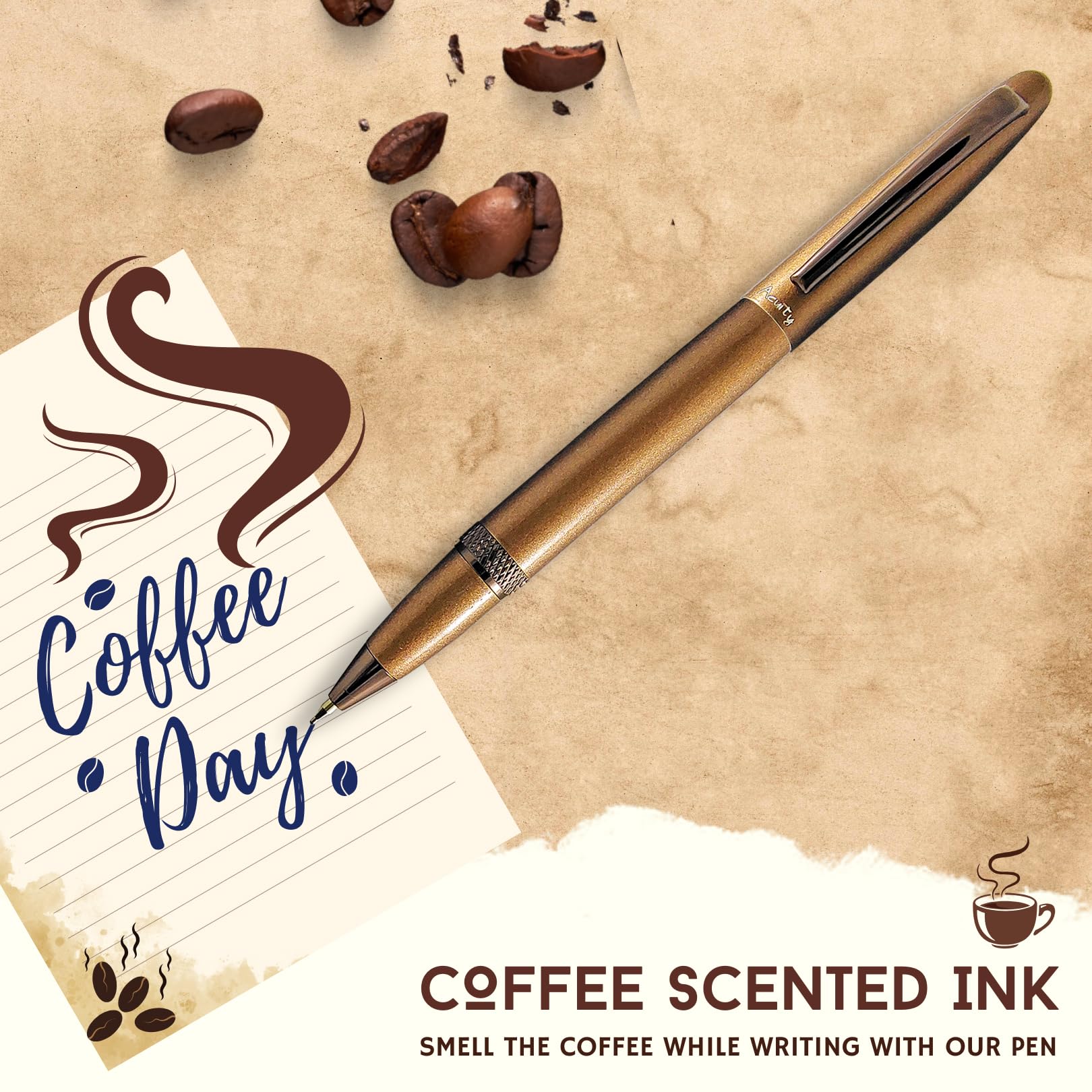 Acuity Coffee-Scented Blue Ink Ball Point Pen | Brown Shiny Finish Metal Body with Glossy Clip | Coffee Fragrance Smell Ink | Perfect for Personal Use & Gift Idea | It Comes in a Pouch | 30029