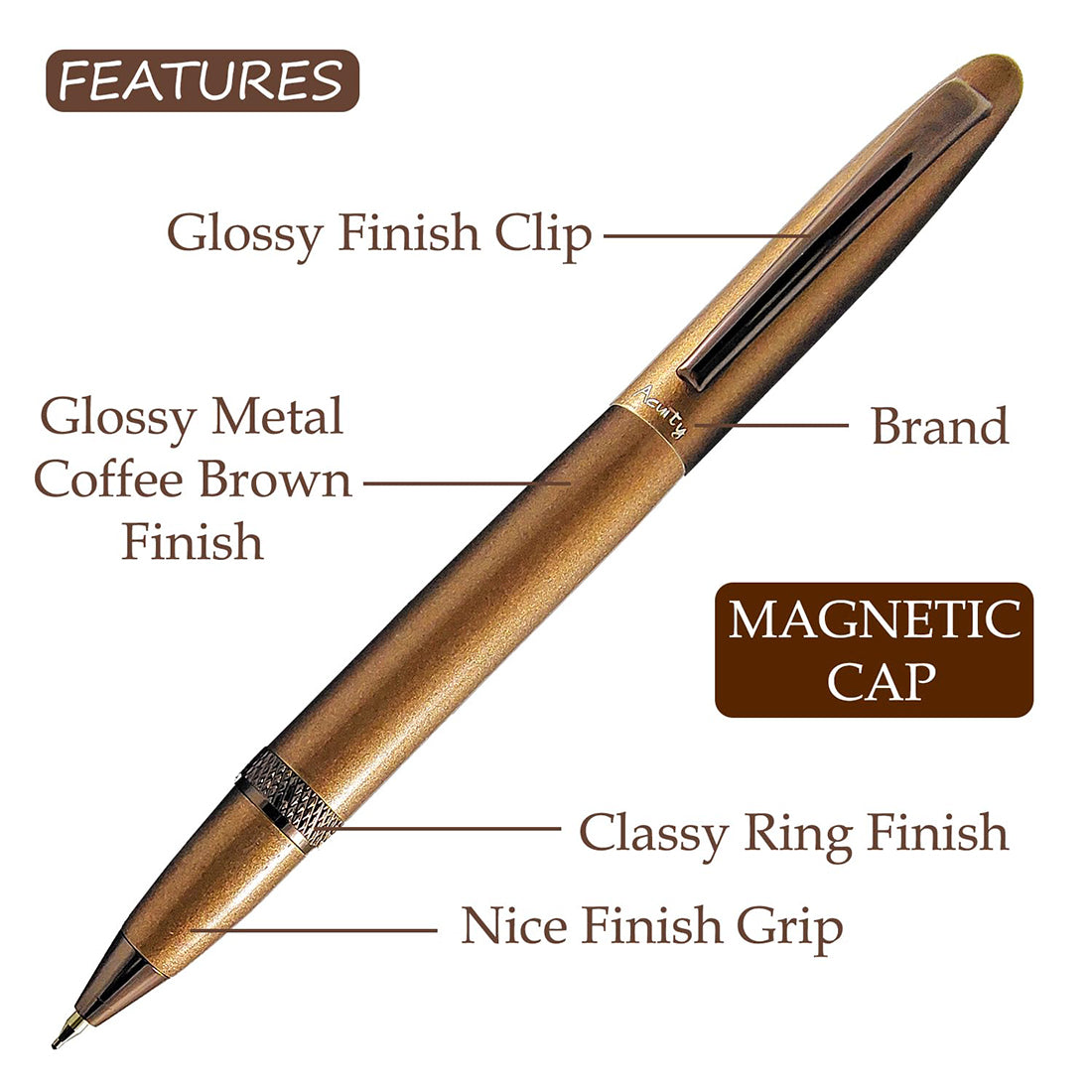 Acuity Coffee-Scented Blue Ink Ball Point Pen | Brown Shiny Finish Metal Body with Glossy Clip | Coffee Fragrance Smell Ink | Perfect for Personal Use & Gift Idea | It Comes in a Pouch | 30029