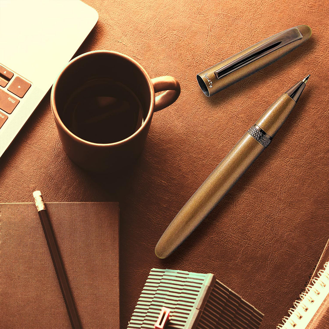 Acuity Coffee-Scented Blue Ink Ball Point Pen | Brown Shiny Finish Metal Body with Glossy Clip | Coffee Fragrance Smell Ink | Perfect for Personal Use & Gift Idea | It Comes in a Pouch | 30029