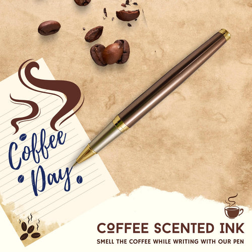 Acuity Coffee-Scented Blue Ink Ball Point Pen | Brown Glossy Finish Metal Body with Gold Finish Clip | Coffee Fragrance Smell Ink | Perfect for Personal Use & Gift Idea | It Comes in a Pouch | 30036