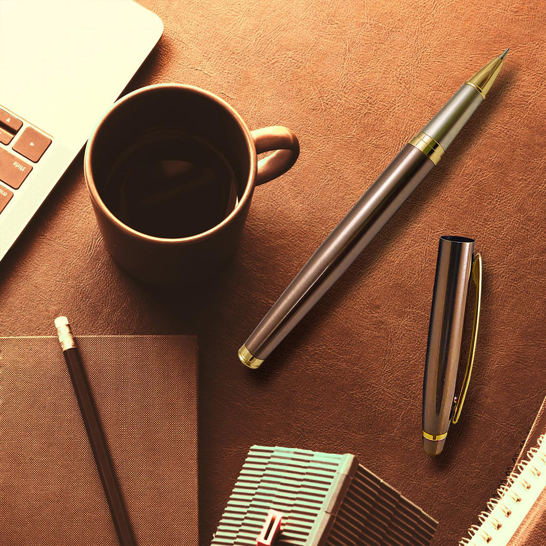 Acuity Coffee-Scented Blue Ink Ball Point Pen | Brown Glossy Finish Metal Body with Gold Finish Clip | Coffee Fragrance Smell Ink | Perfect for Personal Use & Gift Idea | It Comes in a Pouch | 30036