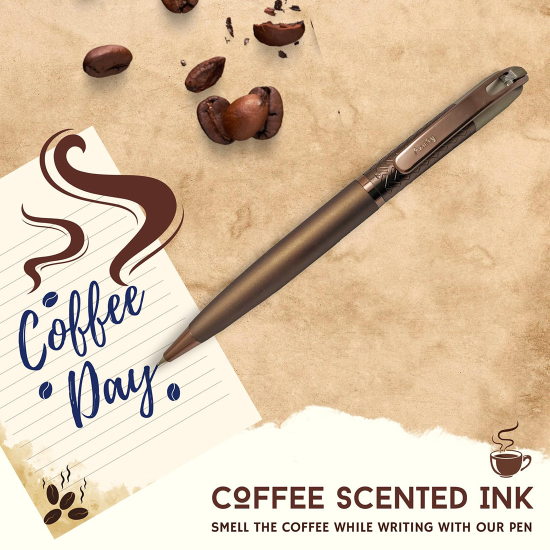 Acuity Coffee-Scented Blue Ink Ball Point Pen | Dark Brown Finish Metal Body with Glossy Clip | Coffee Fragrance Smell Ink | Perfect for Personal Use & Gift Idea | It Comes in a Pouch | 30045