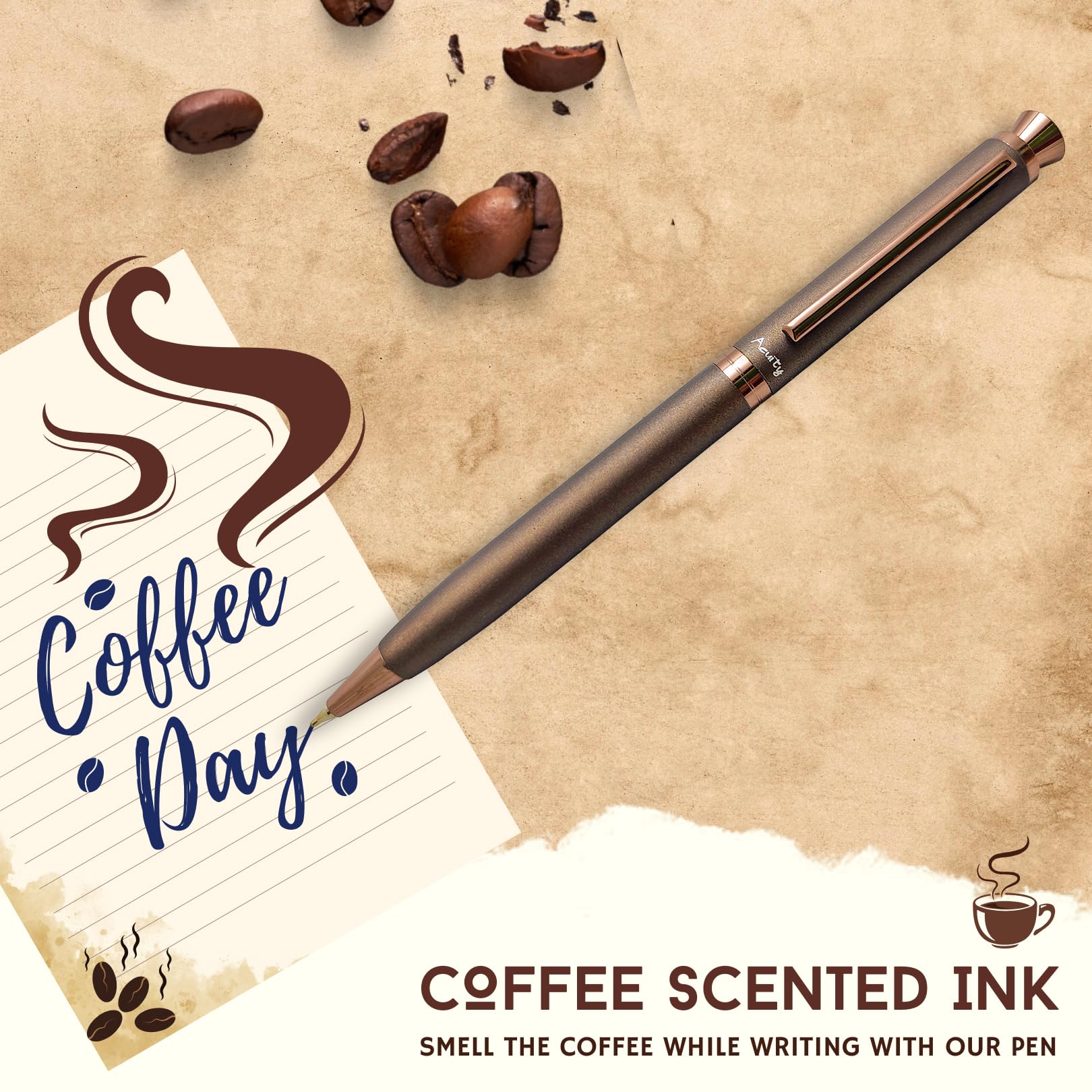 Acuity Coffee-Scented Blue Ink Ball Point Pen | Dark Brown Finish Metal Body with Glossy Clip & Crystal on Top | Coffee Fragrance Smell Ink | It Comes in a Pouch | 30047