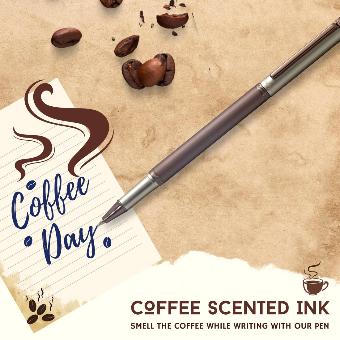 Acuity Coffee-Scented Blue Ink Ball Point Pen | Metal Body with Dual Colour Finish | Coffee Fragrance Smell Ink | For Personal Use & Gifting | It Comes in a Pouch | 30049