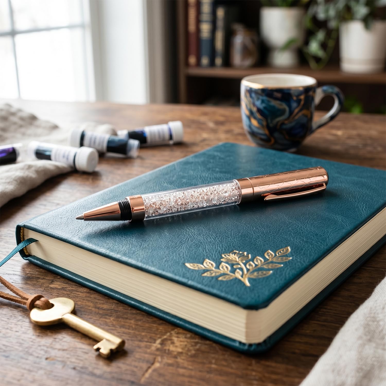 Acuity Rose Gold Crystal Ballpoint Pen - Metal Body with Sparkling Crystal Fill | Twist Cap Opening | Ink Colour Blue | It Comes in a Pouch | 30051