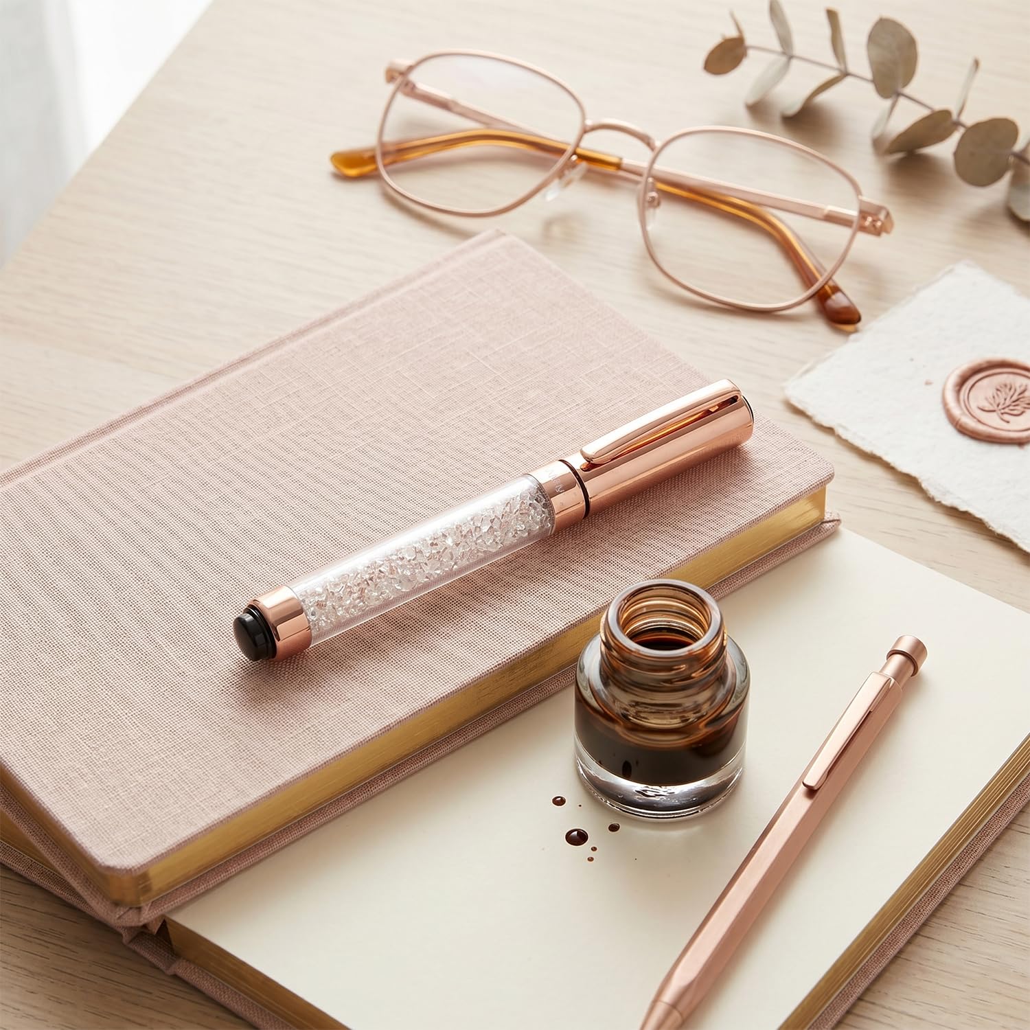 Acuity Rose Gold Crystal Ballpoint Pen - Metal Body with Sparkling Crystal Fill | Twist Cap Opening | Ink Colour Blue | It Comes in a Pouch | 30051