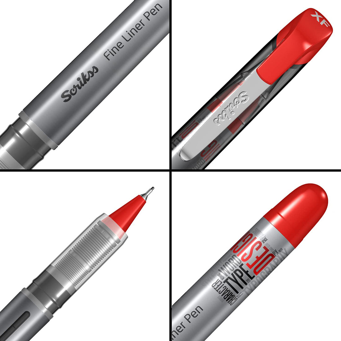 Scrikss Office 0.3 mm Fine Liner Pen - Fast Drying Water Based Ink, Chrome Plated Tip - FL68 Set of 3 (Red)