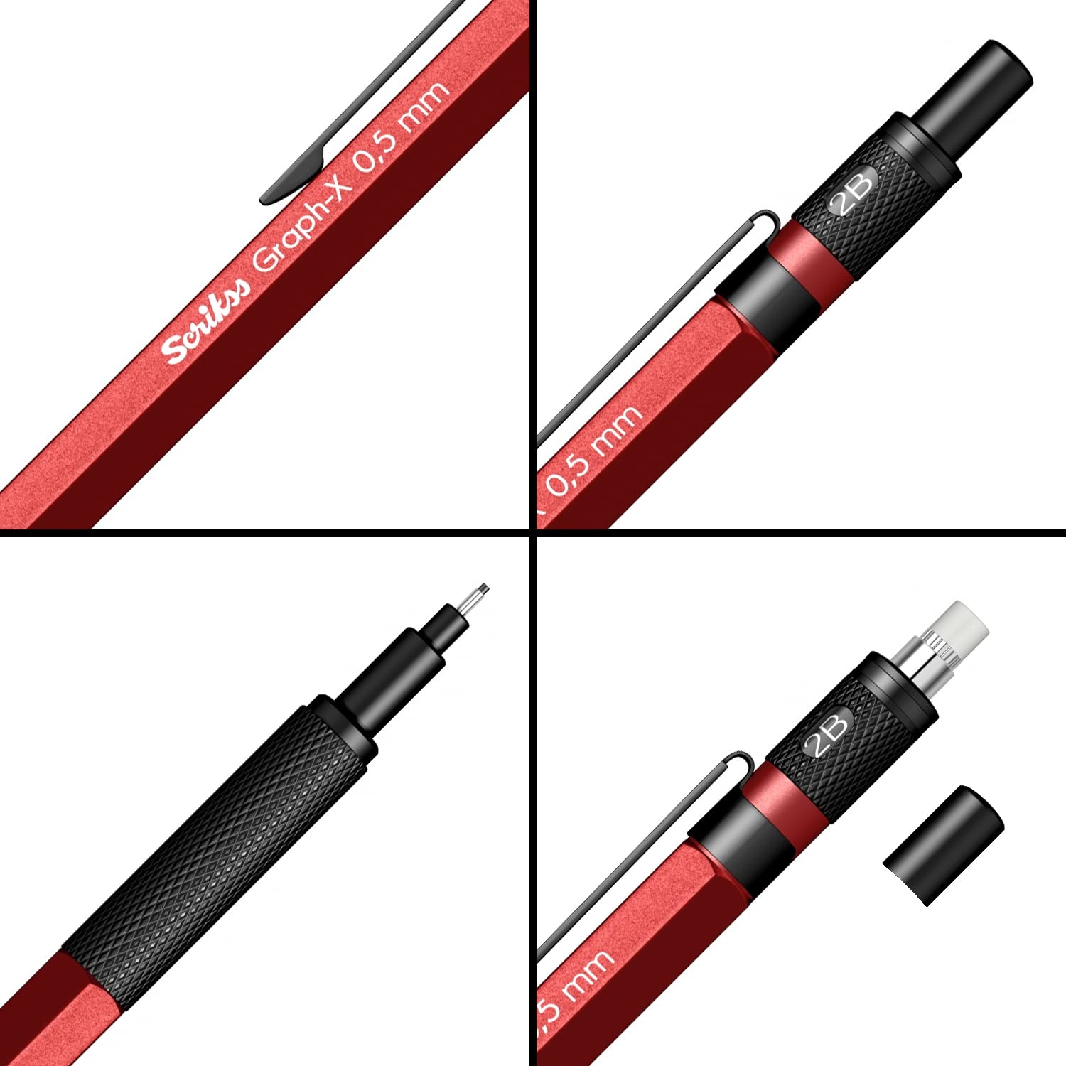 Scrikss Graph-X 0.5mm Mechanical Pencil with HB Lead (1 Tube of 24 Leads), Brass Body with Metallic Red Finish, Interchangeable Mini Eraser - 86169