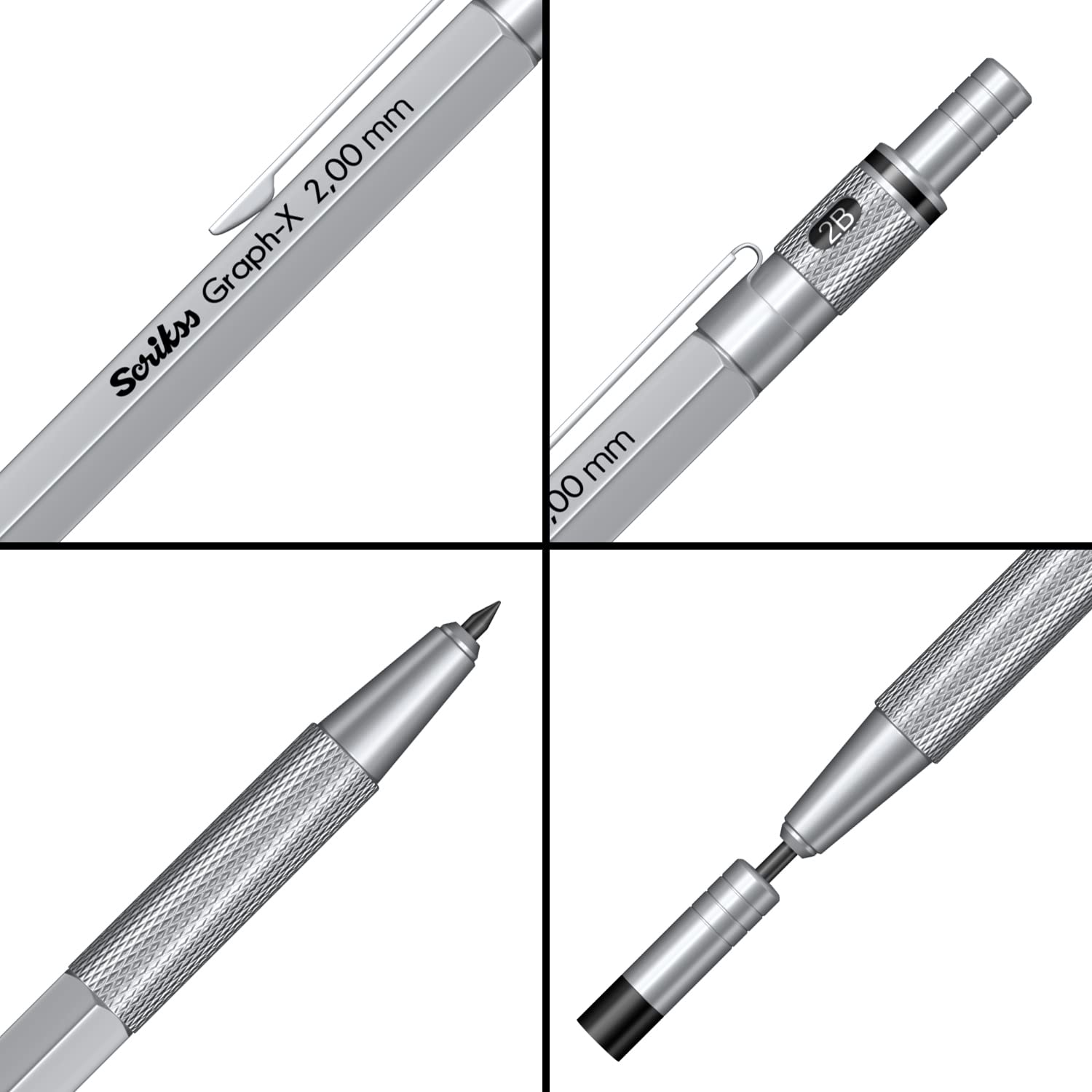 Scrikss 2.0mm Mechanical Clutch Lead Pen Pencil Satin Chrome Body Graph-X Series Mini Removable Sharpener Includes 12 Leads 2B