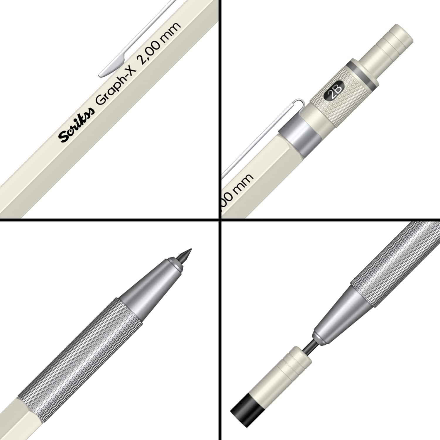 Scrikss 2.0mm Mechanical Clutch Lead Pen Pencil Ivory Body Graph-X Series Mini Removable Sharpener Includes 12 Leads 2B