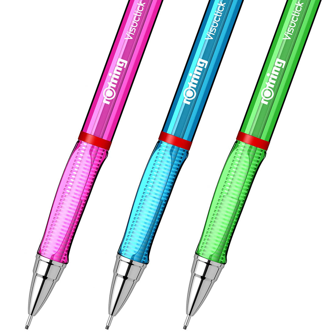 Rotring Visuclick 0.5mm Mechanical Pencils, 2B Lead, Green, Blue & Pink Translucent Barrel, with Attached Eraser - Total 3 Pieces