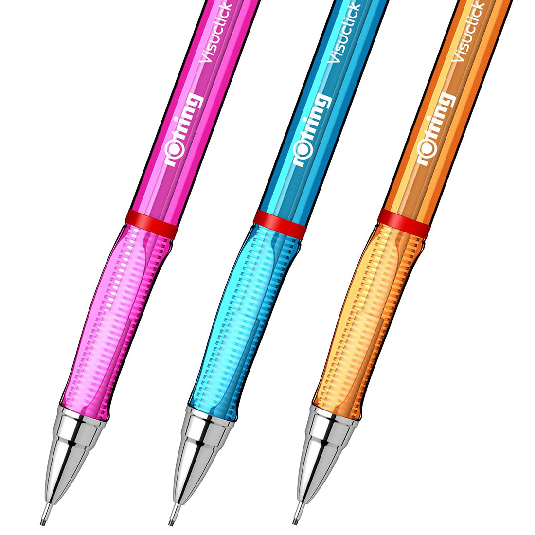 Rotring Visuclick 0.7mm Mechanical Pencils, 2B Lead, Pink, Blue & Orange Translucent Barrel, with Attached Eraser - Total 3 Pieces