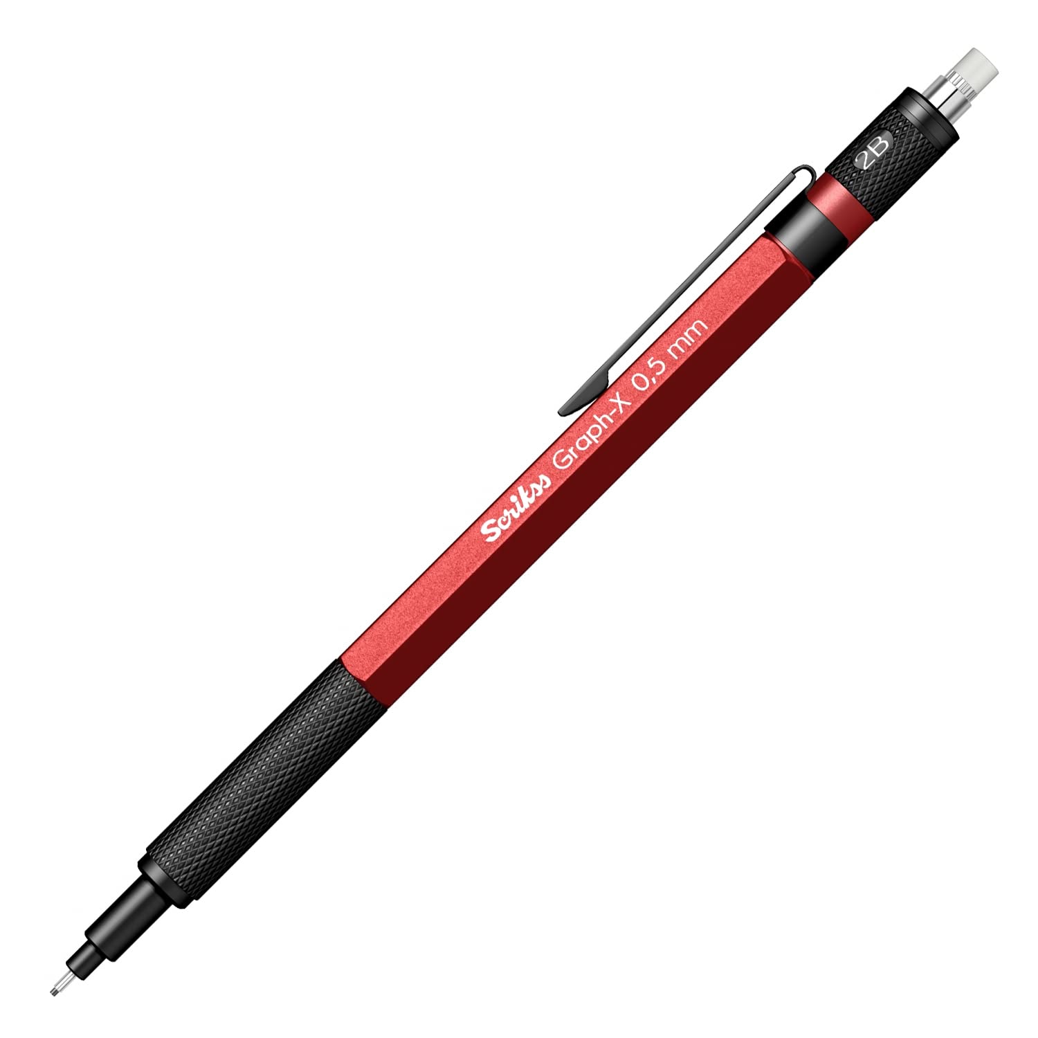 Scrikss Graph-X 0.5mm Mechanical Pencil with HB Lead (1 Tube of 24 Leads), Brass Body with Metallic Red Finish, Interchangeable Mini Eraser - 86169