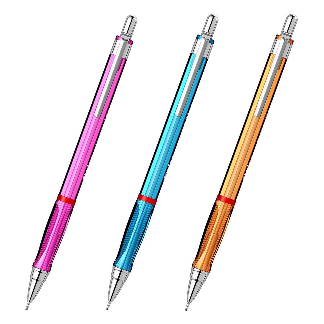Rotring Visuclick 0.7mm Mechanical Pencils, 2B Lead, Pink, Blue & Orange Translucent Barrel, with Attached Eraser - Total 3 Pieces